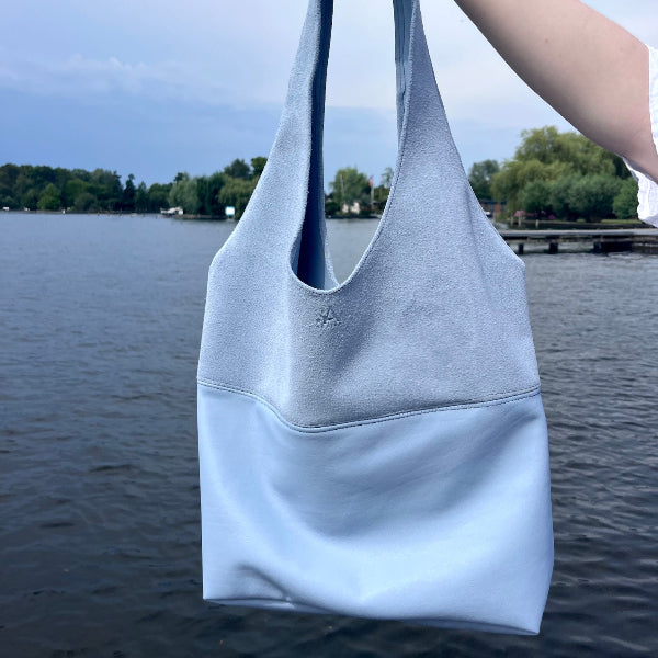 Leren shopper boho model in lichtblauw