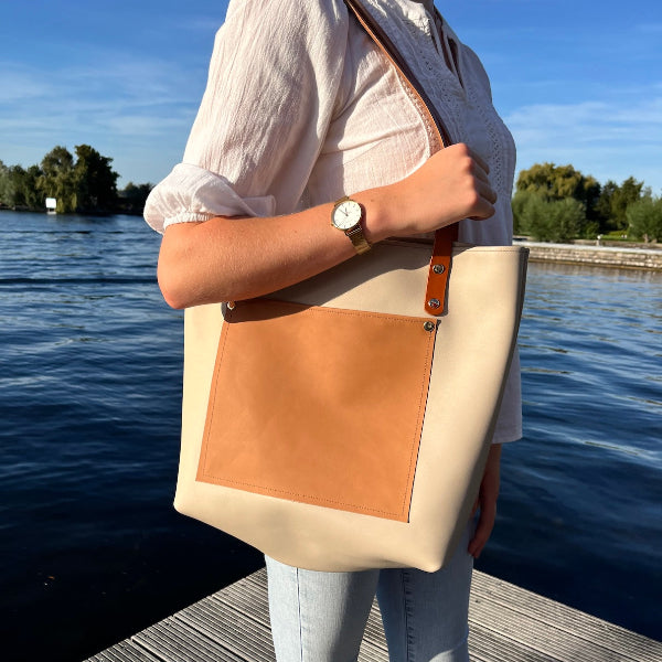 Leren tote bag in taupe