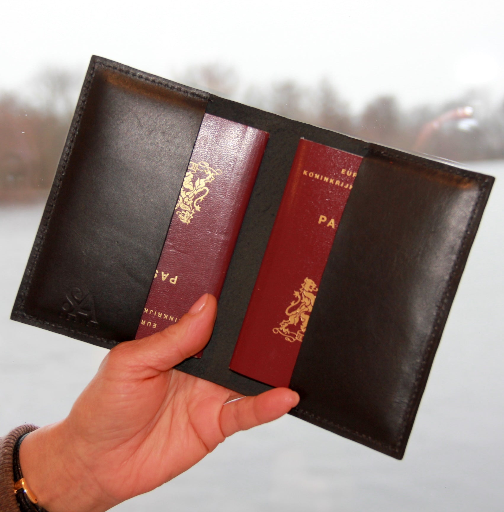 Paspoorthoes voor 2 paspoorten in hand