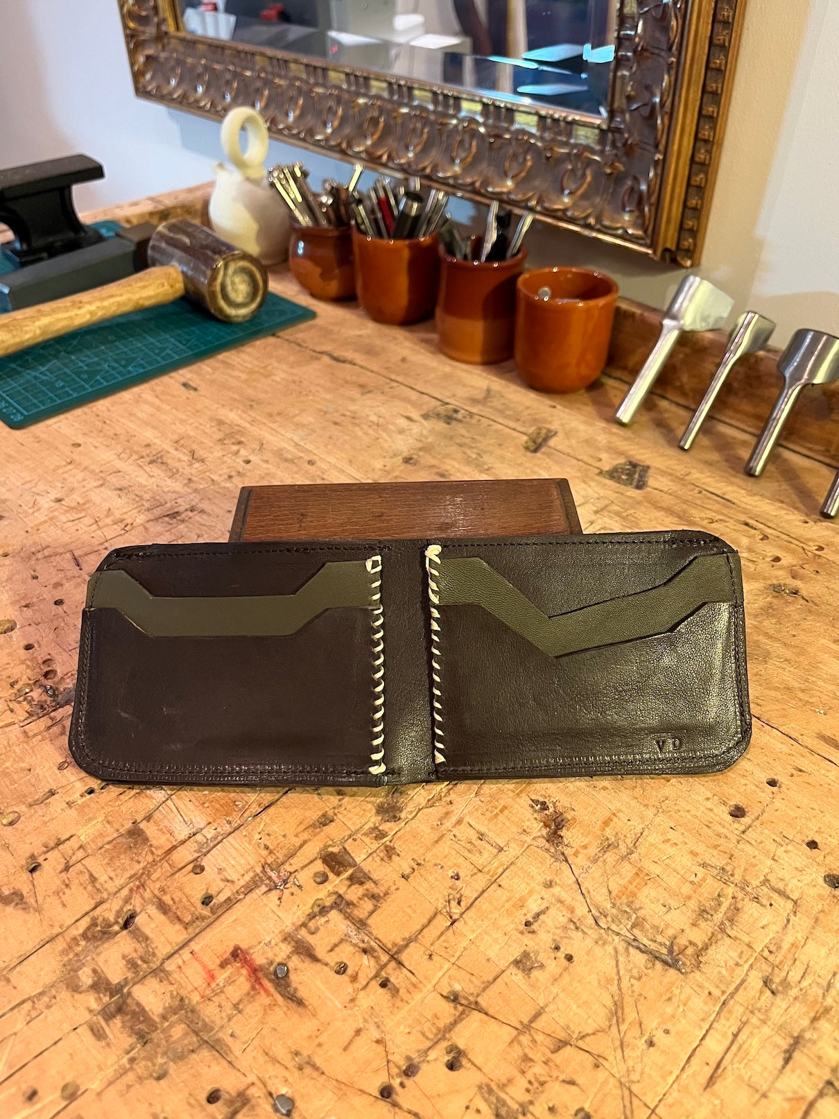 Leren portefeuille in kleuren bruin en groen